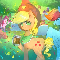 Size: 1200x1200 | Tagged: safe, artist:yizhidaoyouguozi30872, derpibooru import, applejack, pinkie pie, rainbow dash, earth pony, pegasus, pony, g4, cider, confetti, eyes closed, looking at you, mug, party, present, smiling, smiling at you, table