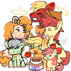 Size: 1080x1080 | Tagged: safe, artist:xinjinjumin821579998446, derpibooru import, apple bloom, applejack, big macintosh, bright mac, granny smith, pear butter, earth pony, pony, g4, apple family, cake, female, filly, foal, food, halo, male, mare, simple background, stallion, white background