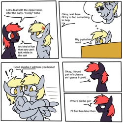 Size: 2000x2000 | Tagged: safe, artist:742, derpibooru import, derpy hooves, oc, oc:tom, earth pony, pegasus, pony, g4, comic, cross-popping veins, dialogue, emanata, exclamation point, interrobang, ponysuit, question mark