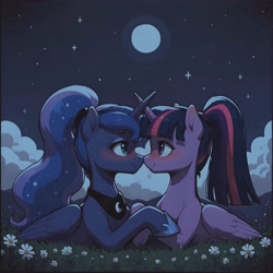 Size: 4608x4608 | Tagged: safe, ai content, derpibooru import, generator:pony diffusion v6 xl, generator:stable diffusion, machine learning assisted, machine learning generated, princess luna, twilight sparkle, twilight sparkle (alicorn), alicorn, pony, g4, alternate hairstyle, blushing, boop, crossed horns, cute, duo, duo female, female, generator:civitai, horn, horns are touching, lesbian, looking at each other, looking at someone, moon, night, noseboop, outdoors, ponytail, prompter:paleluna, shipping, smiling, twiluna