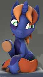 Size: 2160x3840 | Tagged: safe, artist:~stuffguy123, derpibooru import, oc, oc only, oc:vine patch, pony, unicorn, 3d, blushing, horn, pillow, sitting, solo, source filmmaker, tail, unshorn fetlocks, waving