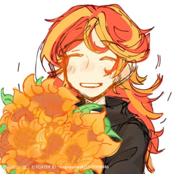 Size: 750x750 | Tagged: source needed, safe, artist:xinjinjumin821579998446, derpibooru import, sunset shimmer, equestria girls, g4, bouquet, flower, simple background, solo, sunflower, white background