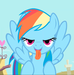 Size: 693x703 | Tagged: safe, derpibooru import, screencap, rainbow dash, pegasus, pony, a bird in the hoof, g4, season 1, bedroom eyes, cropped, out of context, solo, spread wings, tongue, tongue out, wings