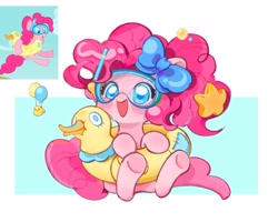 Size: 2048x1639 | Tagged: safe, artist:chonpsk, derpibooru import, pinkie pie, earth pony, pony, g4, balloon, blush sticker, blushing, bow, cute, diapinkes, female, hair bow, inner tube, mare, open mouth, passepartout, pool toy, screencap reference, smiling, snorkel, solo