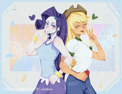 Size: 750x580 | Tagged: source needed, safe, artist:jinyikou, derpibooru import, applejack, rarity, equestria girls, g4, legend of everfree, camp everfree outfits, clothes, duo, duo female, female, solo, tanktop