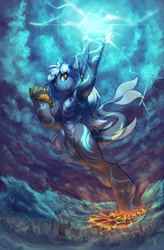 Size: 2976x4533 | Tagged: safe, artist:ravistdash, derpibooru import, oc, oc only, original species, shark, shark pony, apocalypse, bipedal, book, building, city, cityscape, destruction, dorsal fin, fin, fins, fish tail, flowing tail, macro, magic, ocean, overcast, scales, smiling, smirk, solo, stomping, tail, tsunami, wallpaper, water