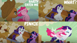 Size: 1280x720 | Tagged: safe, derpibooru import, edit, edited screencap, editor:quoterific, screencap, applejack, pinkie pie, rarity, twilight sparkle, unicorn twilight, earth pony, pony, unicorn, g4, season 2, the last roundup, female, mare, rarity catch me, speed lines