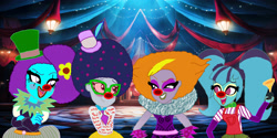 Size: 4000x2000 | Tagged: safe, artist:bigpurplemuppet99, derpibooru import, adagio dazzle, aria blaze, sci-twi, sonata dusk, twilight sparkle, equestria girls, g4, afro, alternate hairstyle, circus, clown, clown makeup, clown nose, hat, horn, pigtails, red nose, the dazzlings, top hat, twintails