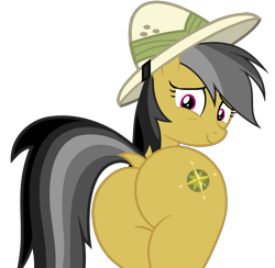 Size: 1191x1163 | Tagged: safe, artist:shieldwingarmorofgod, derpibooru import, daring do, pegasus, pony, g4, butt, daring donk, dock, female, hat, looking back, mare, pith helmet, plot, simple background, solo, tail, transparent background, vector