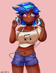 Size: 2550x3300 | Tagged: safe, alternate version, artist:mylittleyuri, derpibooru import, dj pon-3, vinyl scratch, human, g4, belly, belly button, breasts, choker, clothes, cute, dark skin, elf ears, female, headphones, horn, horned humanization, humanized, midriff, pink background, short shirt, shorts, simple background, solo, vinylbetes