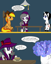 Size: 1320x1668 | Tagged: safe, artist:captainponyboy1999, derpibooru import, oc, oc only, oc:bright star, oc:firey ratchet, oc:oliver spade, pegasus, pony, unicorn, amnesia dust, clothes, detective, fedora, female, hat, horn, interrogation, light, male, table, trenchcoat, trio