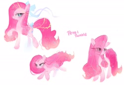 Size: 2048x1421 | Tagged: safe, artist:petaltwinkle, derpibooru import, pinkie pie, earth pony, pony, g4, alternate hairstyle, bow, eye clipping through hair, female, furrowed brow, hair accessory, hair bow, lidded eyes, long mane, mare, raised hoof, raised leg, running, simple background, smiling, solo, stars, tail, tail bow, unshorn fetlocks, white background, windswept mane