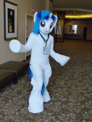 Size: 960x1280 | Tagged: safe, artist:atalonthedeer, derpibooru import, dj pon-3, vinyl scratch, unicorn, g4, badge, corridor, fursuit, horn, indoors, irl, photo, ponysuit, solo