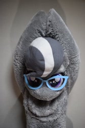 Size: 487x731 | Tagged: safe, derpibooru import, silver spoon, g4, arms in the air, bust, fursuit, glasses, hooves together, irl, photo, ponysuit, portrait, solo