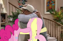 Size: 753x491 | Tagged: safe, artist:gogoqq, derpibooru import, fluttershy, pinkie pie, earth pony, human, pegasus, pony, g4, butt, female, hug, irl, male, photo, plot, the fresh prince of bel-air, will smith