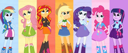 Size: 1984x832 | Tagged: safe, artist:pedro123emanuel, derpibooru import, edit, applejack, fluttershy, pinkie pie, rainbow dash, rarity, sunset shimmer, twilight sparkle, human, equestria girls, g4, rainbow rocks, female, humane five, humane seven, humane six, shine like rainbows