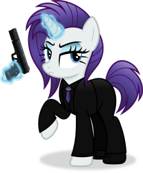 Size: 3183x3846 | Tagged: safe, artist:anime-equestria, derpibooru import, rarity, pony, unicorn, g4, alternate hairstyle, clothes, eyeshadow, female, gun, handgun, horn, jewelry, john wick, levitation, magic, makeup, mare, necklace, simple background, solo, suit, telekinesis, transparent background, weapon