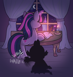 Size: 1158x1233 | Tagged: safe, artist:kreeeeeez, derpibooru import, spike, twilight sparkle, g4, baby, baby spike, candle, duo, duo male and female, female, filly, filly twilight sparkle, foal, male, quill, scroll, table, window, younger