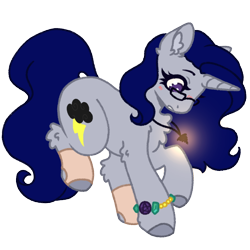 Size: 1000x1000 | Tagged: safe, artist:kazmuun, derpibooru import, oc, oc only, oc:thunderstorm, pony, unicorn, blush lines, blushing, bracelet, chest fluff, clothes, colored hooves, colored pinnae, ear fluff, ears, female, glasses, hooves, horn, jewelry, leg fluff, mare, necklace, pentagram, purple eyes, simple background, solo, stockings, thigh highs, toeless legwear, toeless stockings, transparent background