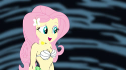 Size: 1280x718 | Tagged: safe, artist:catoon28, derpibooru import, edit, edited screencap, screencap, fluttershy, mermaid, equestria girls, g4, 1000 hours in ms paint, bare shoulders, bra, breasts, cleavage, clothes, concave belly, crossover, cute, mermaidized, now sing, seashell, seashell bra, shitposting, shyabetes, solo, species swap, the little mermaid, thin, underwear, voice