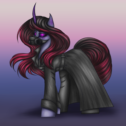 Size: 3000x3000 | Tagged: safe, artist:darklight1315, derpibooru import, pony of shadows, oc, oc only, oc:shard, pony, unicorn, fallout equestria, g4, clothes, fallout equestria: mayday, gradient background, horn, respirator, solo, trenchcoat