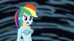 Size: 1280x718 | Tagged: safe, artist:catoon28, derpibooru import, rainbow dash, mermaid, equestria girls, g4, 1000 hours in ms paint, bra, clothes, crossover, now sing, seashell, seashell bra, solo, the little mermaid, underwear