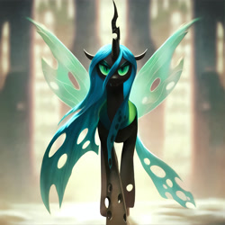 Size: 2880x2880 | Tagged: safe, ai content, derpibooru import, generator:pony diffusion v6 xl, generator:stable diffusion, machine learning generated, queen chrysalis, g4, blurry background, fangs, front view, looking at you, prompter:derp621, slit eyes, solo, spread wings, wings