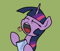 Size: 2048x1733 | Tagged: safe, artist:ewoudcponies, derpibooru import, twilight sparkle, unicorn twilight, pony, unicorn, g4, book, bust, eating, eyes closed, female, green background, horn, mare, open mouth, simple background, solo, that pony sure does love books