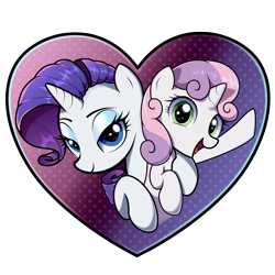 Size: 2850x2850 | Tagged: safe, artist:mizhisha, derpibooru import, rarity, sweetie belle, pony, unicorn, g4, belle sisters, cute, diasweetes, duo, duo female, female, filly, foal, heart, horn, looking at you, mare, open mouth, partially transparent background, raribetes, siblings, simple background, sisters, transparent background