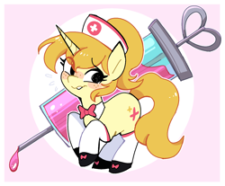 Size: 1619x1339 | Tagged: safe, artist:syrupyyy, derpibooru import, oc, oc only, oc:nurse goldenheart, pony, unicorn, blushing, bowtie, clothes, hat, horn, necktie, nervous, nervous smile, nurse, nurse hat, simple background, smiling, socks, syringe, unicorn oc, yellow coat, yellow mane