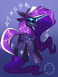 Size: 1200x1600 | Tagged: safe, artist:stacy_165cut, derpibooru import, nightmare rarity, rarity, pony, unicorn, g4, blue eyes, blue eyeshadow, blue sclera, butt, coat markings, colored horn, colored sclera, concave belly, ears, eyelashes, eyeshadow, facial markings, female, floppy ears, flowing mane, flowing tail, frown, gradient background, gradient mane, gradient tail, horn, lidded eyes, long eyelashes, long horn, long mane, long tail, looking back, makeup, mare, plot, purple coat, rearity, shiny eyelashes, shiny mane, shiny tail, slender, slit eyes, solo, sparkles, sparkly mane, sparkly tail, star (coat marking), striped mane, striped tail, tail, thick eyelashes, thin, two toned mane, two toned tail, wall of tags, wavy mane, wavy tail