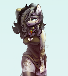 Size: 1821x2023 | Tagged: safe, artist:flowerasha, derpibooru import, oc, oc only, anthro, arm behind head, boob window, breasts, cleavage, clothes, coat markings, collar, dappled, dress, female, hair over one eye, lidded eyes, looking at you, simple background, socks, solo, thigh highs