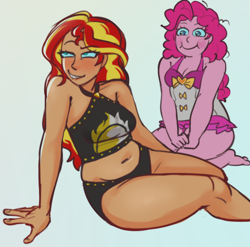 Size: 2228x2200 | Tagged: safe, artist:zigmeow, derpibooru import, pinkie pie, sunset shimmer, human, better together, equestria girls, g4, clothes, duo, duo female, female, plump, swimsuit