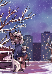 Size: 1679x2374 | Tagged: safe, artist:lonerdemiurge_nail, derpibooru import, oc, oc only, oc:sunrise roast, pony, unicorn, bench, city, clothes, coffee, coffee cup, commission, cup, evening, horn, lights, snow, snowfall, solo, sweater, tree, winter, ych result