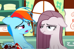 Size: 877x584 | Tagged: safe, derpibooru import, screencap, pinkie pie, rainbow dash, g4, yakity-sax, duo, duo female, female, kitchen, mare, out of context, pinkamena diane pie, pinkie pie is not amused, unamused