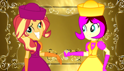 Size: 1344x768 | Tagged: safe, artist:cartoonmasterv3, derpibooru import, sunset shimmer, oc, oc:artsymlp12, human, equestria girls, g4, birthday, british, clothes, dress, drunk, long dress, long skirt, skirt