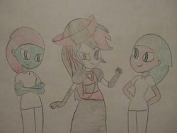 Size: 1040x780 | Tagged: safe, artist:arrowsweetie, derpibooru import, aloe, lotus blossom, oc, oc:red arrow, human, equestria girls, g4, british, clothes, disguise, dress, impostor, long dress, long skirt, skirt, spa twins, traditional art