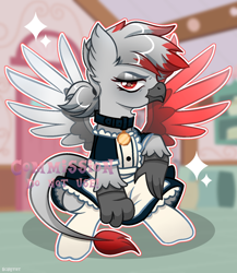 Size: 1920x2212 | Tagged: safe, artist:scarffist, derpibooru import, oc, oc only, griffon, clothes, collar, commission, female, light skin, long tail, maid, red eyes, short hair, solo, sparkles, stockings, tail, thigh highs, wings, ych result