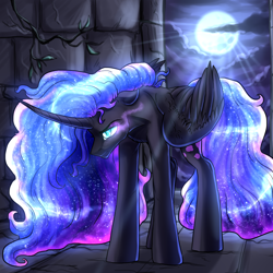 Size: 2048x2048 | Tagged: safe, artist:not-ordinary-pony, derpibooru exclusive, derpibooru import, nightmare moon, alicorn, g4, castle of the royal pony sisters, ethereal mane, female, glowing, glowing eyes, glowing mane, head down, mare, moon, night, solo, starry mane