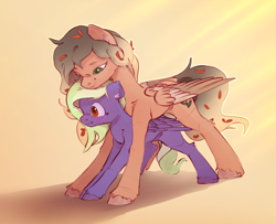 Size: 2400x1952 | Tagged: safe, artist:itssim, derpibooru import, oc, oc only, oc:sunset dream, oc:timid poker, pegasus, pony, blushing, commission, duo, female, folded wings, high res, mare, pegasus oc, size difference, smiling, tail, wings