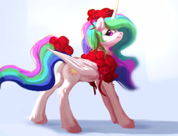 Size: 2910x2238 | Tagged: safe, artist:itssim, derpibooru import, princess celestia, alicorn, pony, g4, butt, chest fluff, cute, cutelestia, female, flower, flower in hair, flower in tail, folded wings, high res, horn, looking at you, looking back, looking back at you, mare, plot, rose, smiling, smiling at you, solo, sunbutt, tail, wings