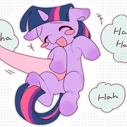 Size: 1024x1024 | Tagged: safe, artist:凨凨, derpibooru import, pinkie pie, twilight sparkle, earth pony, pony, unicorn, g4, bellyrubs, blush sticker, blushing, cute, eyes closed, female, giggling, horn, lying down, mare, on back, open mouth, open smile, outline, patterned background, smiling, speech bubble, tickling, twiabetes, white outline