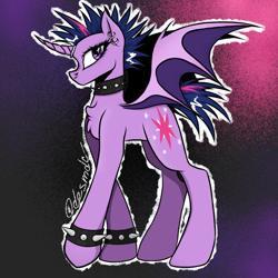 Size: 1080x1080 | Tagged: safe, artist:desmdc_, derpibooru import, twilight sparkle, bat pony, pony, unicorn, g4, alternate hairstyle, alternate tailstyle, bat ponified, bat wings, chest fluff, choker, ear piercing, earring, female, full body, horn, horn ring, jewelry, mare, nose piercing, outline, piercing, race swap, ring, signature, solo, spiked choker, spiked wristband, starry eyes, tail, wingding eyes, wings, wristband