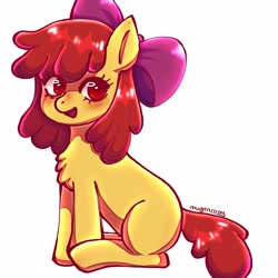 Size: 1600x1600 | Tagged: safe, artist:mugencony, derpibooru import, apple bloom, earth pony, pony, g4, blushing, chest fluff, female, filly, foal, open mouth, simple background, sitting, smiling, solo, white background