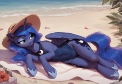 Size: 5568x3840 | Tagged: safe, ai content, derpibooru import, generator:pony diffusion v6 xl, generator:stable diffusion, machine learning generated, princess luna, alicorn, pony, g4, beach, beach towel, belly, belly button, blue swimsuit, clothes, day, female, hat, head turn, humanoid torso, lying down, lying on the ground, mare, ocean, on ground, on side, one-piece swimsuit, outdoors, prompter:green lightai, sand, smiling, solo, summer, swimsuit, water