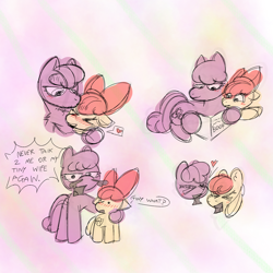 Size: 2048x2048 | Tagged: safe, artist:blossomeclipse, derpibooru import, apple bloom, cheerilee, earth pony, pony, g4, age difference, apple bloom's bow, blushing, book, bow, cheeribloom, dialogue, doodle, dot eyes, duo, female, filly, foal, forehead kiss, hair bow, heart, kissing, lesbian, mare, reading, reddit url, shipping, sketch, smiling, snorting, student and teacher, teacher and student, text, yelling