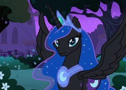 Size: 1011x720 | Tagged: safe, artist:shadowwolf, artist:sunmoon14, derpibooru import, nightmare moon, princess luna, alicorn, g4, alternate design, crown, ethereal mane, female, jewelry, looking at you, mare, night, nightmare luna, older, older princess luna, peytral, regalia, slender, smiling, smiling at you, solo, spread wings, tall, talluna, thin, ultimate luna, wings