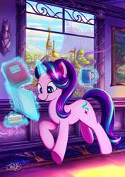 Size: 2480x3508 | Tagged: safe, artist:jowyb, derpibooru import, starlight glimmer, pony, unicorn, g4, backwards cutie mark, cake, food, glowing, glowing horn, horn, magic, magic aura, mug, walking