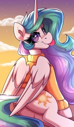 Size: 1750x3000 | Tagged: safe, artist:shadowreindeer, derpibooru import, princess celestia, alicorn, pony, g4, candy, clothes, cute, cutelestia, dock, food, lollipop, looking at you, looking back, looking back at you, mouth hold, solo, sweater, tail