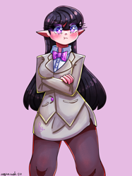 Size: 2550x3408 | Tagged: safe, artist:mylittleyuri, derpibooru import, octavia melody, human, g4, :t, blush lines, blushing, bowtie, breasts, clothes, colored eyebrows, crossed arms, cute, cutie mark on clothes, elf ears, eye clipping through hair, eyebrows, eyebrows visible through hair, eyelashes, female, frown, head turn, heart, heart eyes, high res, humanized, jacket, long eyelashes, looking up, octavia is not amused, octavia's bowtie, pantyhose, pink background, shirt, signature, simple background, skirt, solo, tavibetes, thighs, thunder thighs, tsundere, unamused, wingding eyes